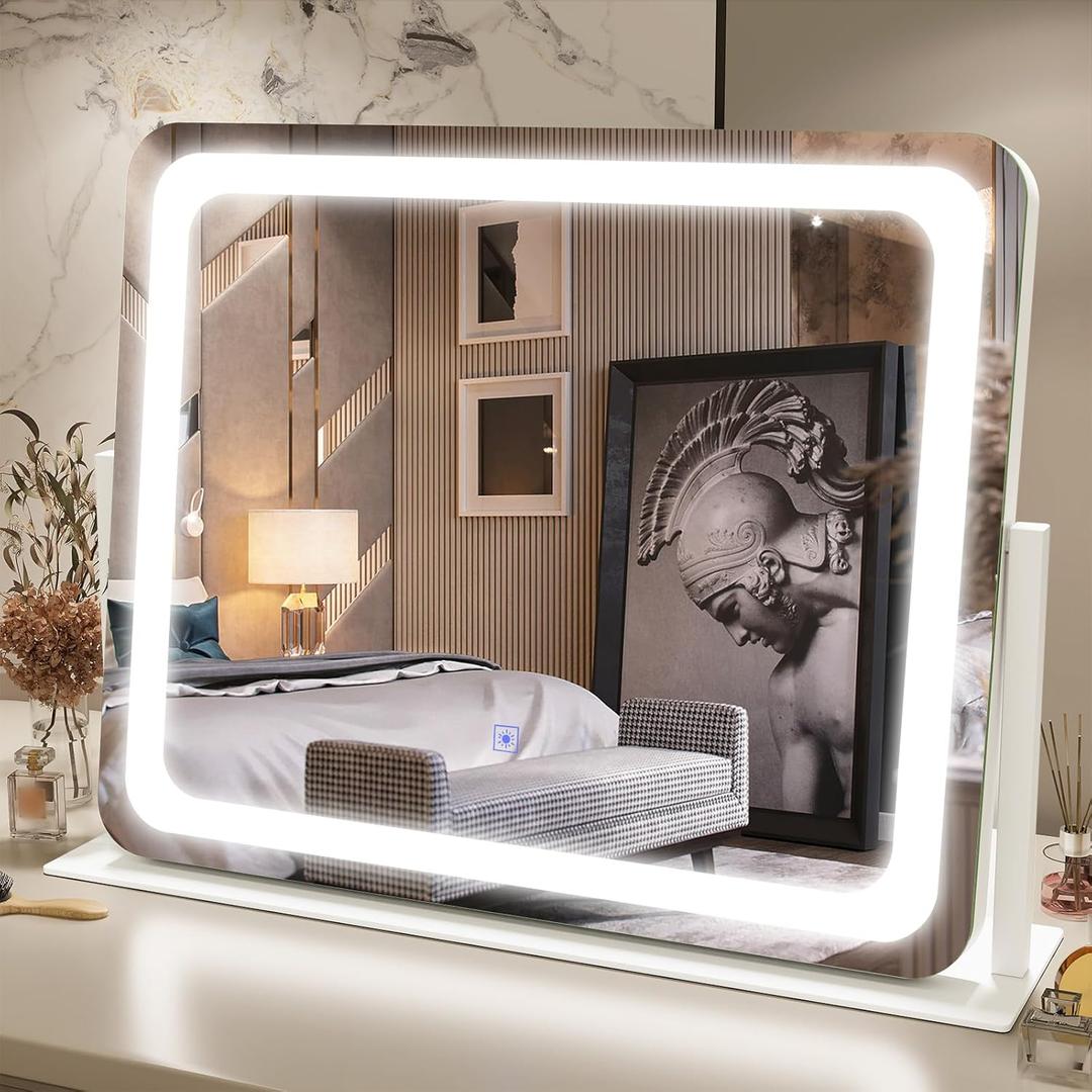 FENNIO Vanity Mirror with Lights 22''x17'' Makeup Mirror with Lights,Vanity Mirror Touch Screen with 3-Color Lighting,Dimmable,for Vanity Desk Tabletop (White) FENNIO Vanity Mirror with Lights 22''x17'' Makeup Mirror with Lights,Vanity Mirror Touch Screen with 3-Color Lighting,Dimmable,for Vanity Desk Tabletop (White)