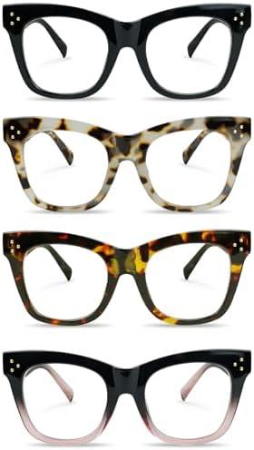 Chiccool Reading Glasses for Women 4 Pack Oprah Stylish Cat Eye Oversize Readers Blue Light Blocking with Spring Hinge