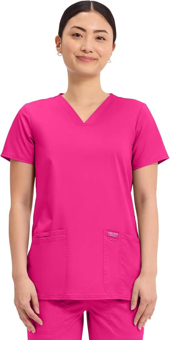 Cherokee Medical Women's Scrub Top V-Neck Modern Classic Fit with 3 Pockets, Ultra Soft and 2-Way Stretch Fabric - WW620, L (Pink)