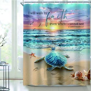 Riyidecor Beach Turtle Shower Curtain 60Wx72H Inch Bible Verse Curtain Ocean Sea Animal Summer Coastal Seaside Scenic Christian Quote Landscape Bathroom Decor Fabric Polyester Waterproof 12 Pack Hooks