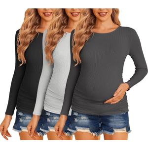 Ekouaer Maternity Shirts 3 Packs Women Long Sleeve Pregnancy Tee Tops Tunic Blouse Ribbed Side Ruched Mama Clothes S-XXL (M)