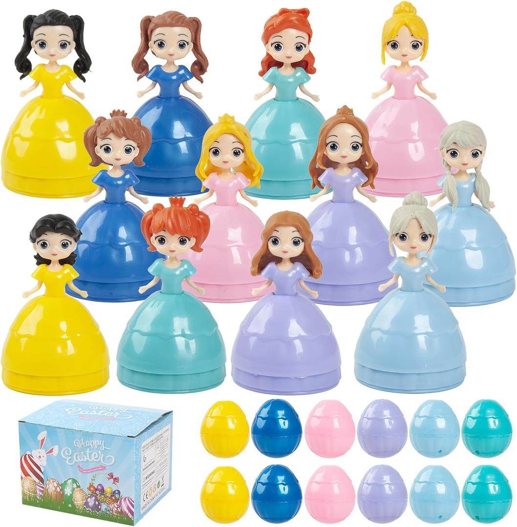 12Pcs Prefilled Easter Eggs Easter Princess Toys Theme Party Favor Basket Stuffers Filler Perfect for Easter Egg Hunt