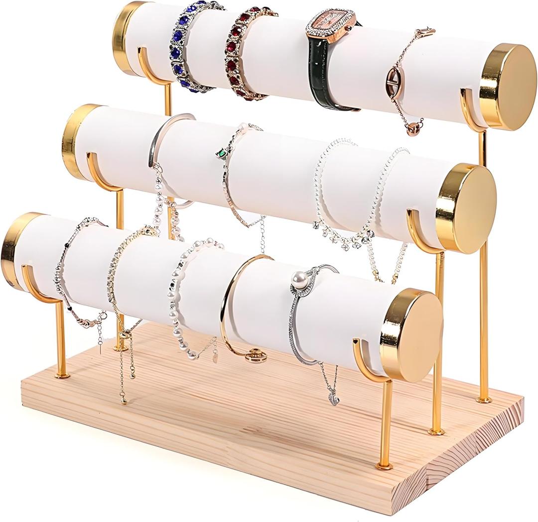 Bracelet Holder Stand Wood Bangle Wristband Watch Organizer Display Rack with Leather Soft Mat Jewelry Display Towers for Home Store shows (White, 3 Tier)