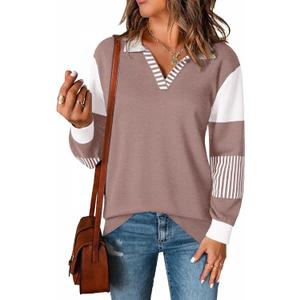 LOMON V Neck Long Sleeve Loose Sweaters Color Block Striped Knitted Pullover Jumper Tops (Small, Dark Khaki)