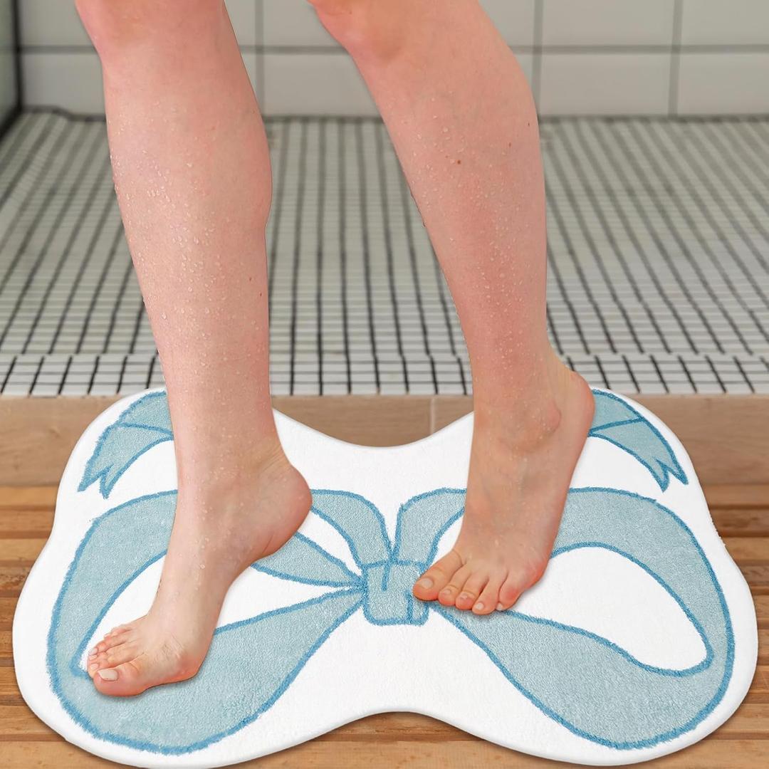 CUANBOZAM Bow-Shaped Bathroom Rug Mat - Handmade Plush Bathmat 30''x24'' (75x60cm) Non-Slip Bow Bathroom Decor for Girls, Coquette Aesthetic Room & Vanity Shaggy Floor Mat (Blue)