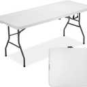 FDW 6 Foot Outdoor Dining Table, Foldable Portable Rectangular Plastic Folding Table with Built in Carrying Handle for Party and Wedding Use, White