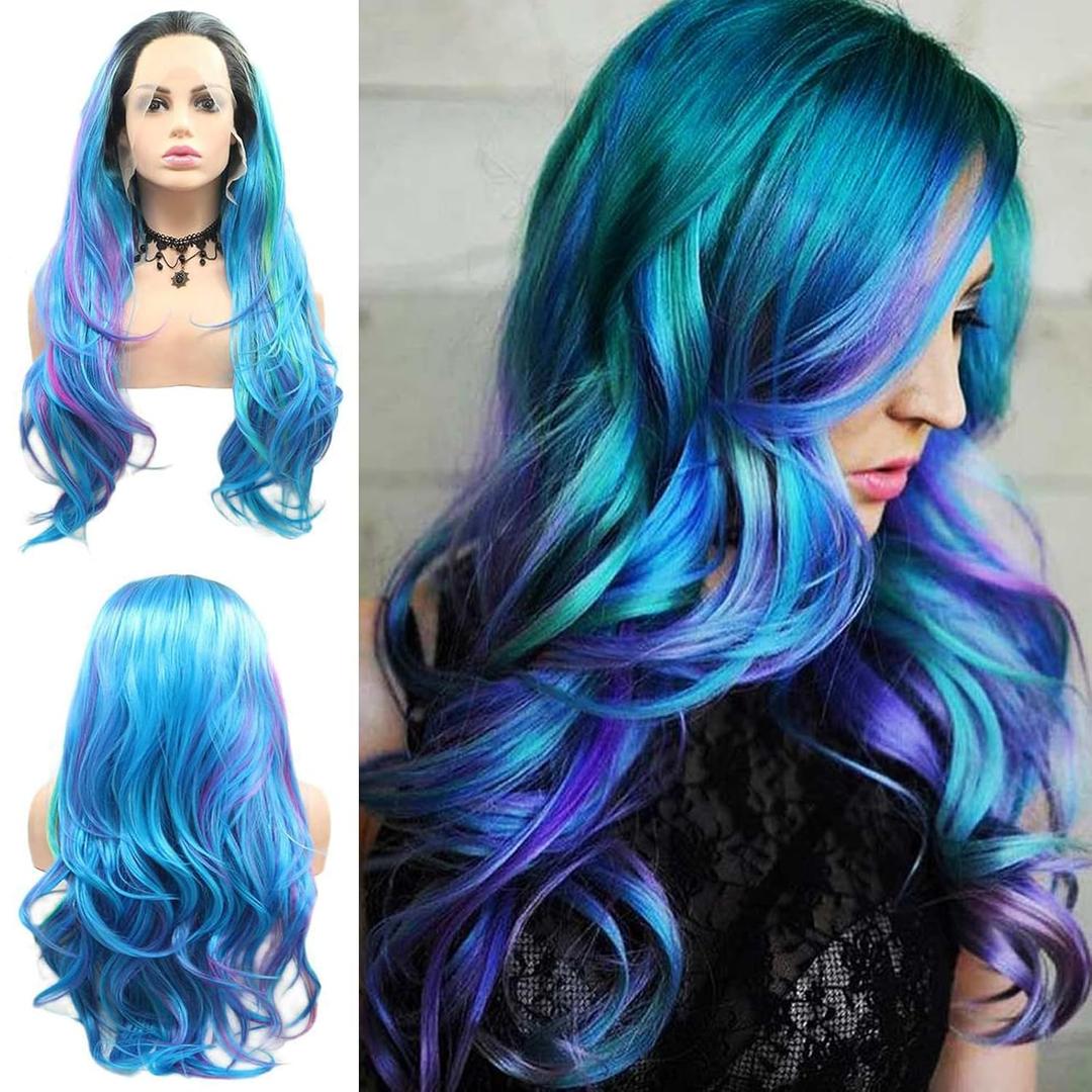 Lace Front Wig Highlight Blue Purple Colorful Wavy Ombre Wigs for Women Lace Frontal Pink Green Wig Synthetic Heat Resistant Natural Loose Wave Glueless Lace Wigs 24 Inch Daily Party Cosplay
