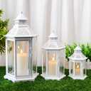 TRIROCKS Set of 3 Decorative Candle Lanterns18''&13"&10" H Hexagonal Candle Holder Vintage Metal Hanging Lantern with Tempered Glass for Garden Patio Wedding Event Indoors Outdoors(White)