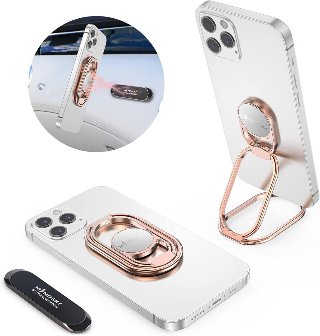 Phone Ring Holder Grip-with Car Magnetic Phone Mount Metal Phone Ring Finger Kickstand Cell Phone Grip Compatible with iPhone iPad Smartphones Tablets (Rose Gold)