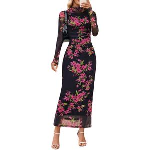MEROKEETY Women's Spring Wedding Guest Dress 2026 Long Sleeve Bodycon Floral Mesh Fall Cocktail Holiday Party Maxi Dresses (Black)