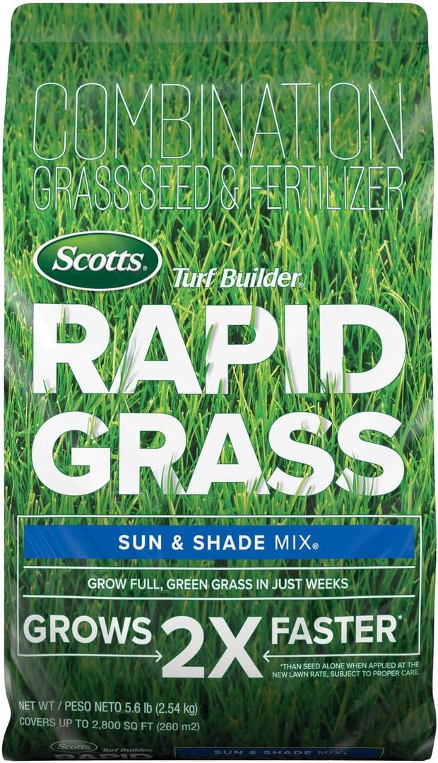 Scotts Turf Builder Rapid Grass Sun and Shade Mix, Grass Seed with Fertilizer for Full, Green Grass in Just Weeks, 5.6 lbs.