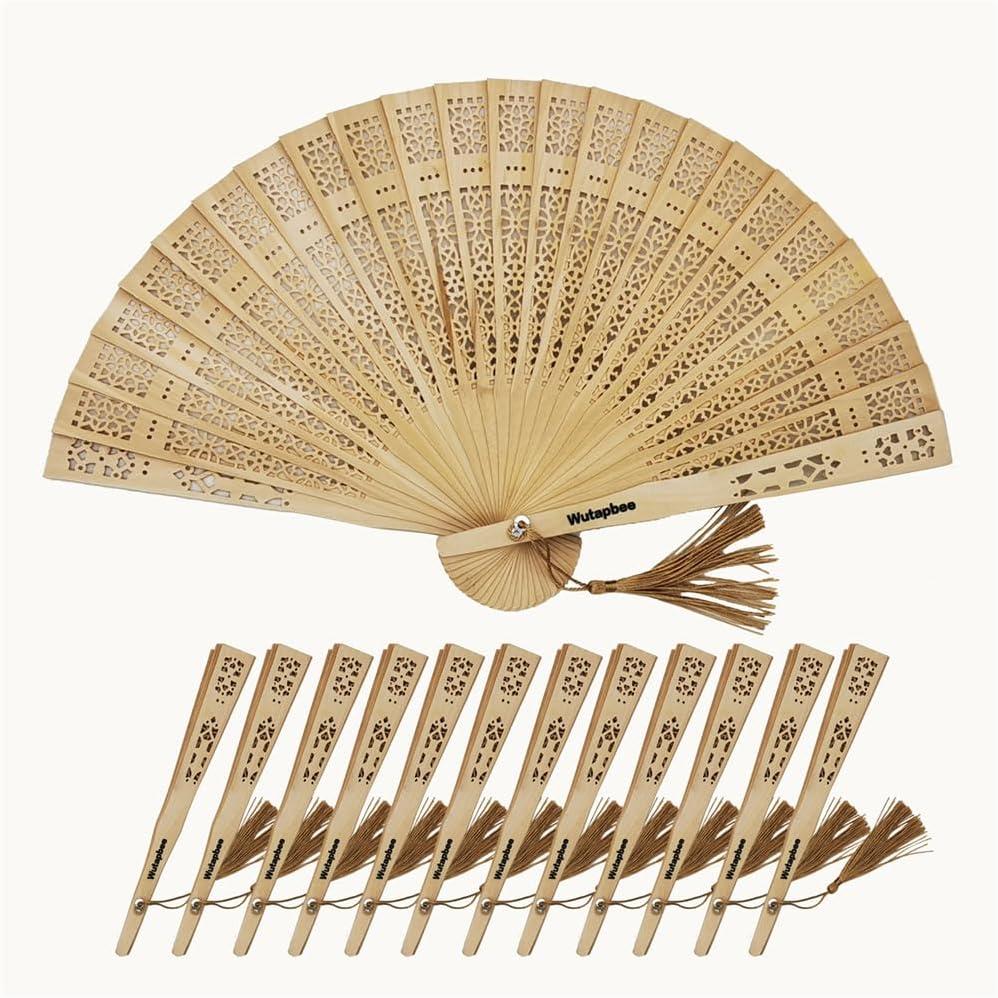 12Pcs Wooden Hand Fans, 20 cm/7.87 inches, for Keeping Cool, Portable,Wedding, Party Favors and Decorations(Hollow)