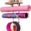 Bikoney Yoga Mat Holder Wall Mount Yoga Mat Storage Home Gym Accessories with Wood Floating Shelves and 4 Hooks for Hanging Foam Roller and Resistance Bands Fitness Home Gym Carbonized Black