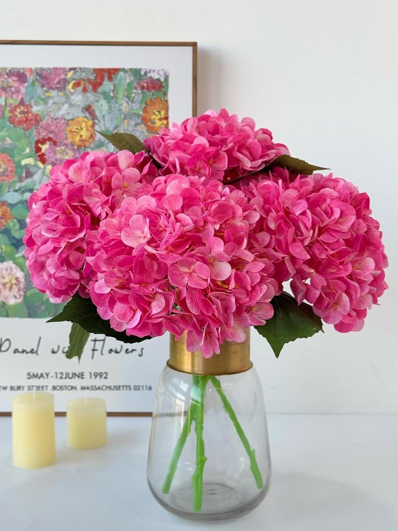 YalzoneMet 4Pcs Magenta Silk Hydrangea Artificial Flower Rose Red Lifelike Big Blooms 20'' Long Stem Faux Hydrangea Flower Bouquets for Home Party Indoor Outdoor Wedding Table Centerpiece Decor