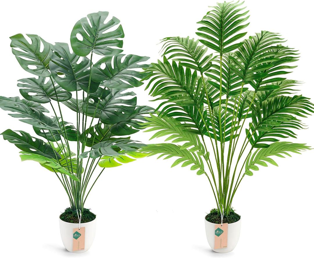 Der Rose 2Pcs Fake Plants 28'' Large Artificial Palm Tree and Faux Plants Indoor Tall in White Pots for Home Office Bathroom Patio Floor Outdoor Decor