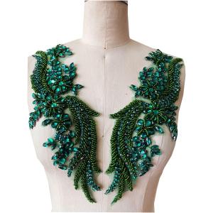 wtbv.n Handsewing rhinestones beads lace applique for dress clothing accessories trim patches one pair (deepgreen)