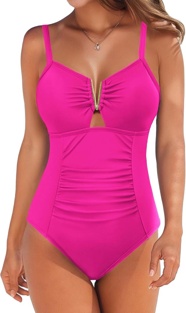 AI'MAGE Women's Tummy Control Swimsuits Ruched Slimming One Piece Bathing Suit V Neck Swimsuit (Medium, Hot Pink)