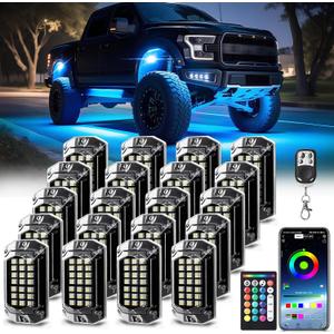 20 Pods Full Angle RGBW LED Rock Lights, 6500K Pure White RGB Rock Light for Semi Truck Jeeps Trailer Pickup Offroad Boat RV Underbody 12V Waterproof Neon Underglow Kit with APP/RF Control Sync Music