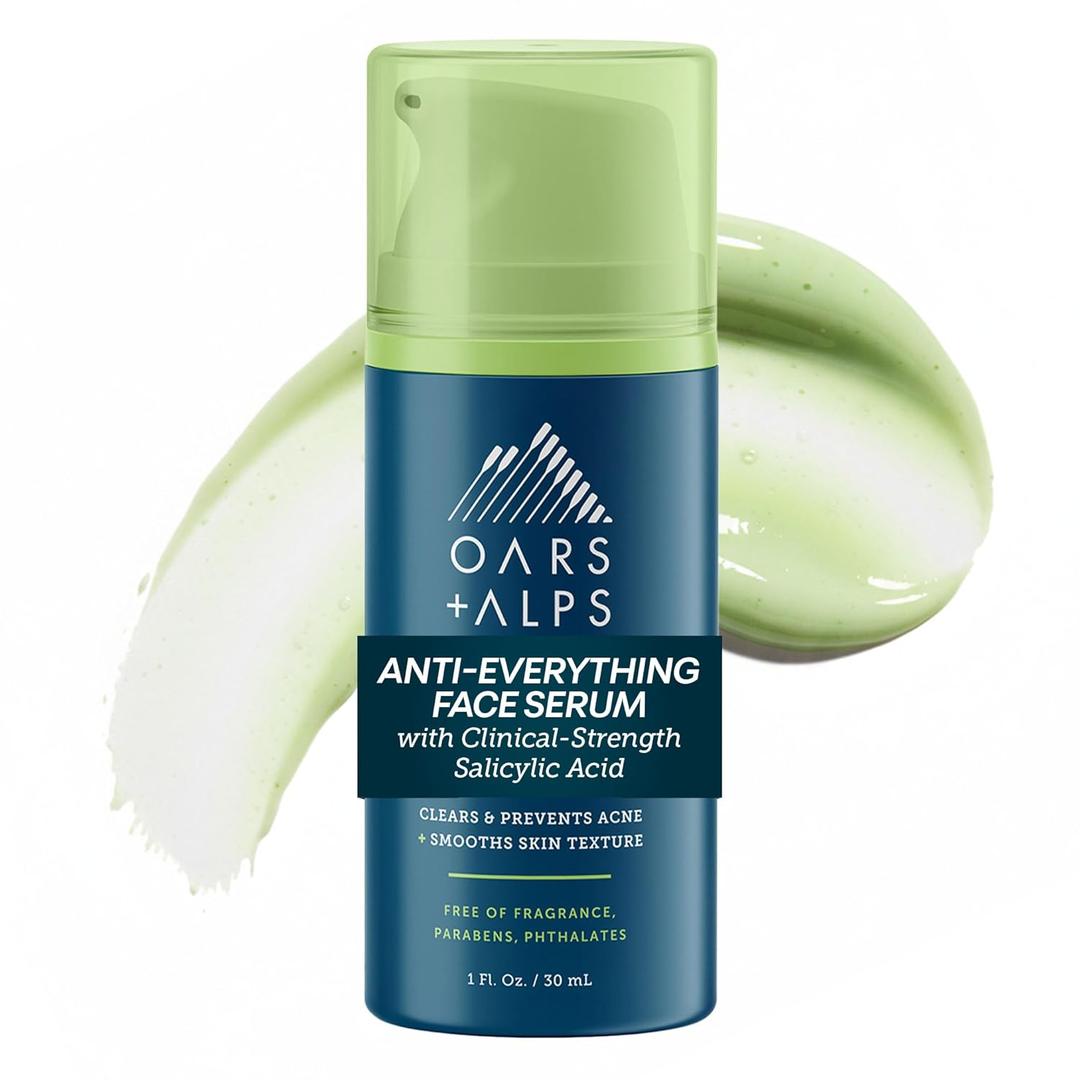 Oars + Alps Anti-Everything Face Serum for Men, Salicylic & Glycolic Acid, Reduces Acne, Fine Lines & Large Pores, Anti-Aging & Fragrance-Free, 1 Fl Oz