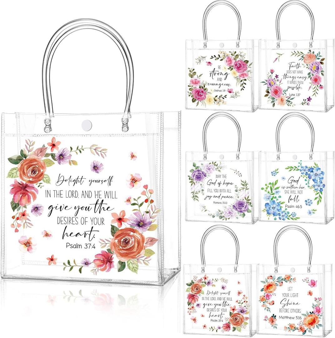 Teenyyou 24 Pcs Christian Clear Gift Bags with Handle Bible Verse Party Favor Flower Goodie Candy Treat Tote PVC Bags for Religious Baptism Themed Party Supplies