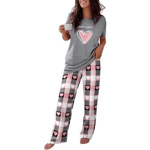 CHICME Womens Pajamas Sets 2 Piece Short Sleeve Lounge Set Printed Loose Pants Pj Sets Loungewear Set (XX-Large, D-heart Gray)