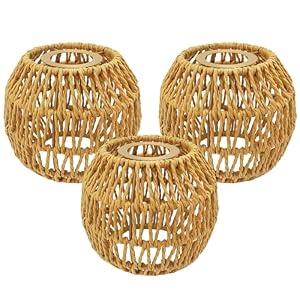3Pack Boho Rattan Lamp Shades - Lantern Shade Handwoven Natural Wicker Lampshades for Pendant Lights, Chandeliers, Wall Sconces, Floor & Table Lamps – Vintage Farmhouse Home Decor
