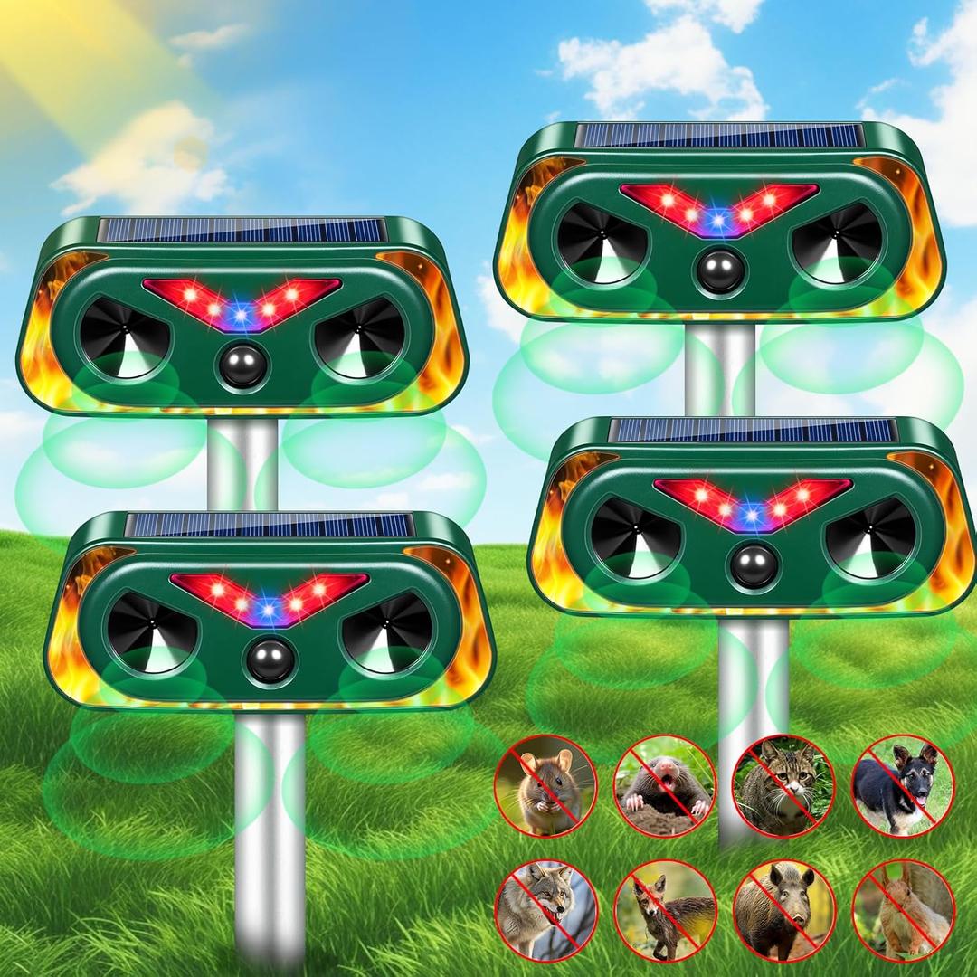 2025 Upgraded Solar Animal Repeller,Deer Repellent Outdoor Ultrasonic Control Waterproof with Motion Detection & Flashing Lights,Cat,Squirrel,Raccoon,Rabbit,Skunk Deterrent for Yard Garden, 2 Pack