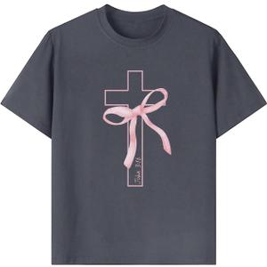 RoseSeek Girl's Bowknot Cross Graphic Tees Crew Neck Short Sleeve T Shirts Streetwear Tops (Dark Grey, 11Y)