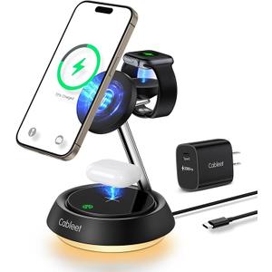 Cableet 3 in 1 Charging Station for Apple MagSafe Charging Station with Light, 15W Wireless Charger Stand Fast Charging for iPhone 16 15 14 13 12, AirPods&iWatch Series, Compact Design for Home/Office Black
