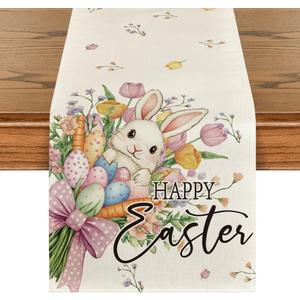 Artoid Mode Bow Bunny Eggs Happy Easter Table Runner,Seasonal Spring Flowers Carrots Kitchen Dining Table Decoration for Home Party Decor 13x60 Inch (Beige)