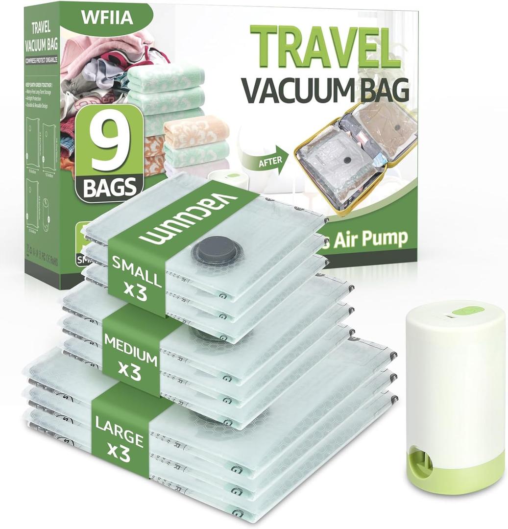 9 Packs Vacuum Bags for Travel with Rechargeable air Pump, 3 Sizes Vacuum Seal Bags for Clothing, Space-Saving Compression Storage Bags for Travel & Closet Organization