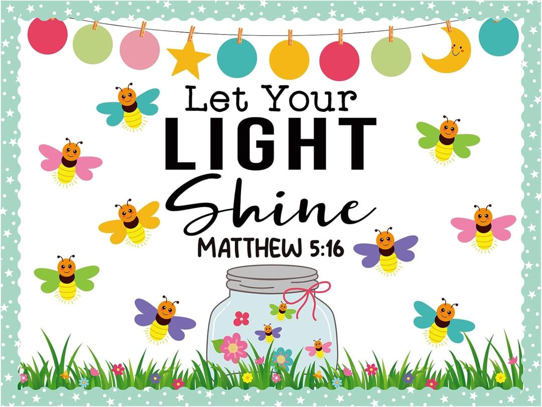 Kosiz 96 Pcs Let Your Light Shine Church Bulletin Board Religious Christian Classroom Bulletin Board Wall Decor Firefly Jar Cutouts for Sunday School Classroom Supplies Wall Decor