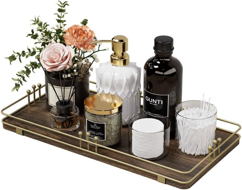Toilet Paper Basket, Bathroom Basket for Counter Toiletries Towel Decor, Toilet Tank Tray, Guest Back of Toilet Organizer Storage, Vanity Tray for Perfume Makeup, Kitchen 13x6.5 Brown-Gold
