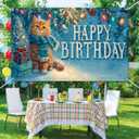 Winter Happy Birthday Banner Decrations 71x43 Inch Ginger Cat Party Backdrop Snow Christmas Tree Scene Background for Kids Winter Wonderland Birthday Decorations Gifts
