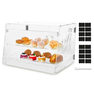 2 Tray Commercial Countertop Bakery Display Case 21.6" x 15.7" x 15.7" Acrylic Pastry Display Case with Serving Tong, Bread Display Case with Front & Rear Doors
