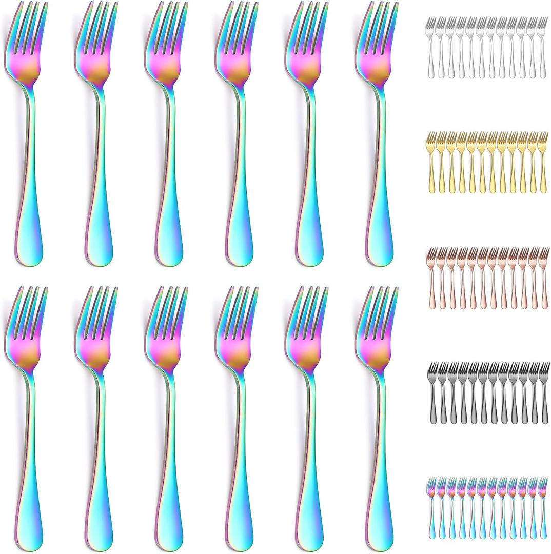 Evanda Rainbow Dessert Forks Set of 12 Pack 5.62", Rainbow Titanium Plating Pastry Fork, Appetizer Fork for Fruit, Cake, Cheese, Party Trips, Cafes, Restaurants, Easy To Clean, Dishwasher Safe
