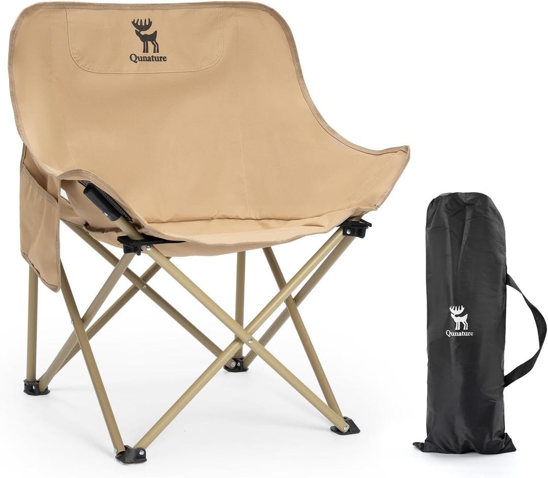 Portable Camping Chair, 60cm Wide Seat Folding Chair with Lumbar Support, 265LBS Capacity Heavy Duty with Storage Bag for Outdoor Hiking Beach Picnic, Khaki