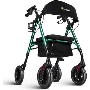 Rollator Walker with Seat and Brakes, 300 lbs Adults Bariatric Walker for Seniors with Extra Wide Backrest, Lightweight Folding Adjustable Height, All Terrain Rolling Walker 8 Inch 4 Wheels