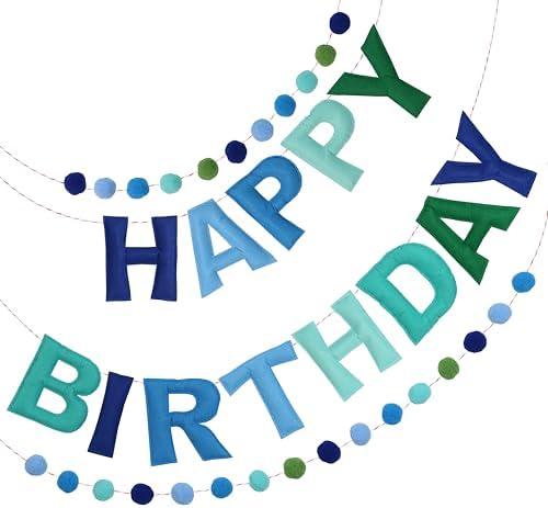 Pre-Strung 3D Felt Happy Birthday Banner - Reusable Blue and Green Happy Birthday Decorations Sign,Handmade Wool Felt Ball Garland, Pom Pom Garland, Party Decor, Photo Prop