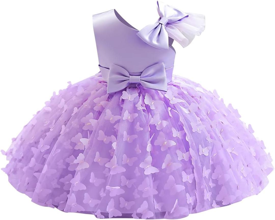 Flower Girl Toddler Baby Girl Dress Infant Wedding Birthday Party Pageant Dress Bowknot Stain Tulle Butterfly Dress Princess Tutu Formal Dresses Purple 9-12 Months