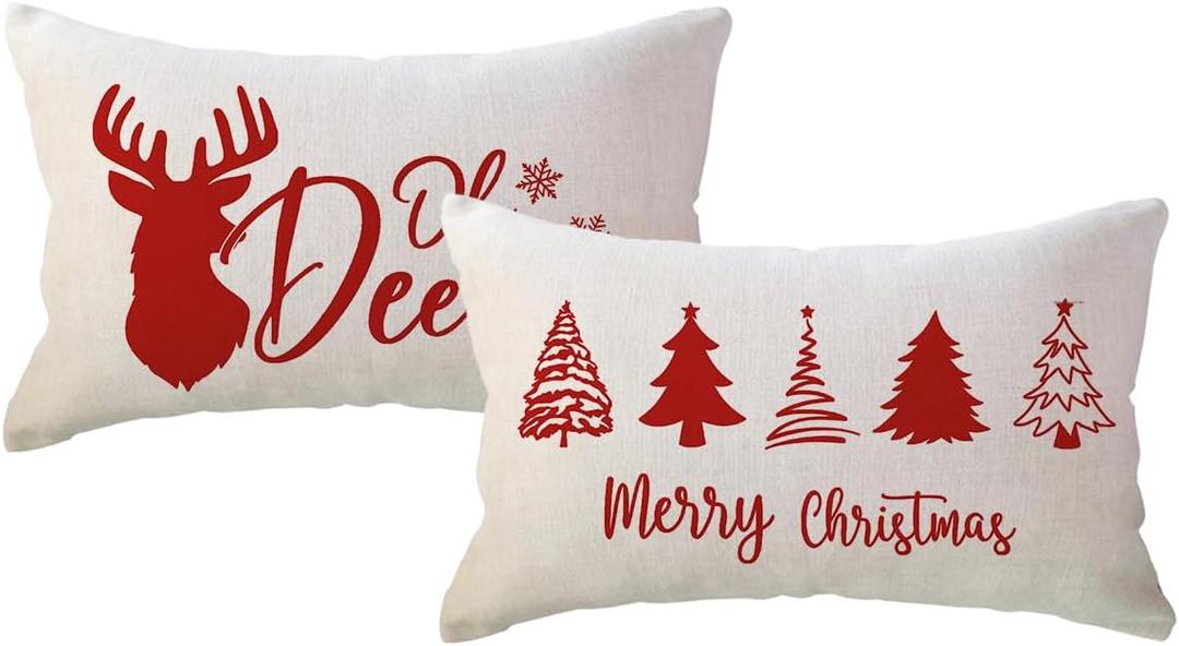 ULOVE LOVE YOURSELF Farmhouse Winter Holiday Throw Pillow Covers Winter Deer/Xmas Trees Lumbar Cushion Covers 1220 for Sofa Couch Porch Decor (Red)