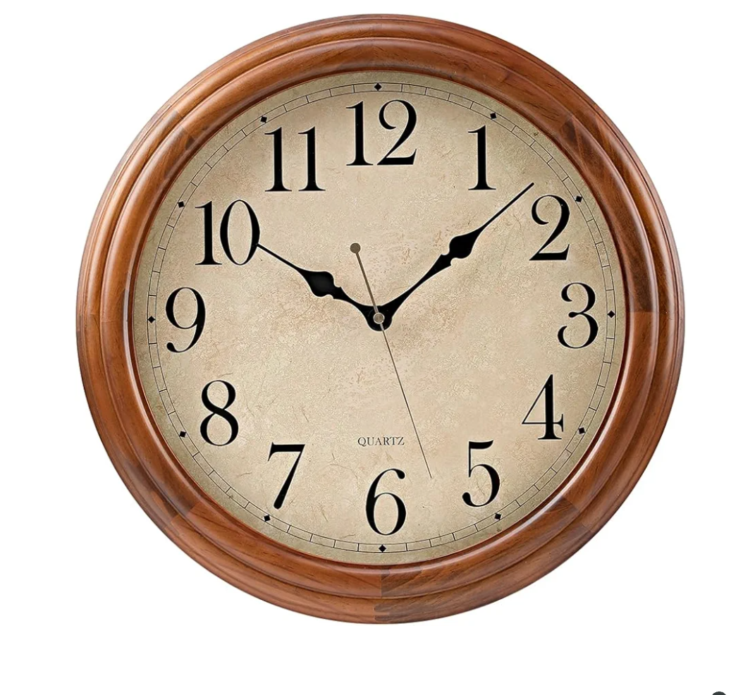 16 Inches Wooden Wall Clock with Retro Design, Large Round Wood Wall Clock with Big Arabic Numerals, Battery Operated Silent Non-Ticking Brown Clock for Living Room, Kitchen, Bedroom.