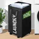 80L Large Laundry Basket with Wheels, 21 GAL Rolling Laundry Hamper with Handle, 27" Tall Square Laundry Basket for Corner, Collapsible and Foldable, (Black)