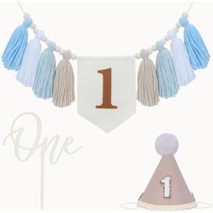 1st Birthday Decorations Boy, High Chair Banner First Birthday Decorations Boho Wood Bead Tassel, Baby 1st Party Hat with One Cake Topper (Brown)