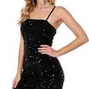 Women's Sequin Dress Sexy Sparkly Glitter Short Velvet Night Out Party Club Adjustable Spaghetti Straps Bodycon Mini Dresses (Black, S)