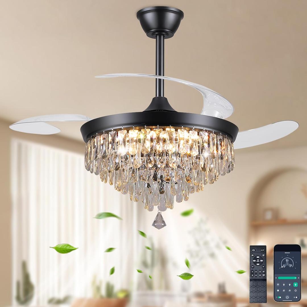 Ayaoty 48" Chandelier Ceiling Fan with Lights, Crystal Retractable Fandelier with 3 Color LED Dimmable, Reversible DC Motor, Modern for Bedroom, Living Room (Black