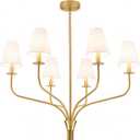 30" Modern Gold Chandelier for Dining Room, 6-Light Brushed Brass Pendant Light Fixture with White Fabric Shade, Ceiling Lighting for Living Room Bedroom Kitchen Island, E12