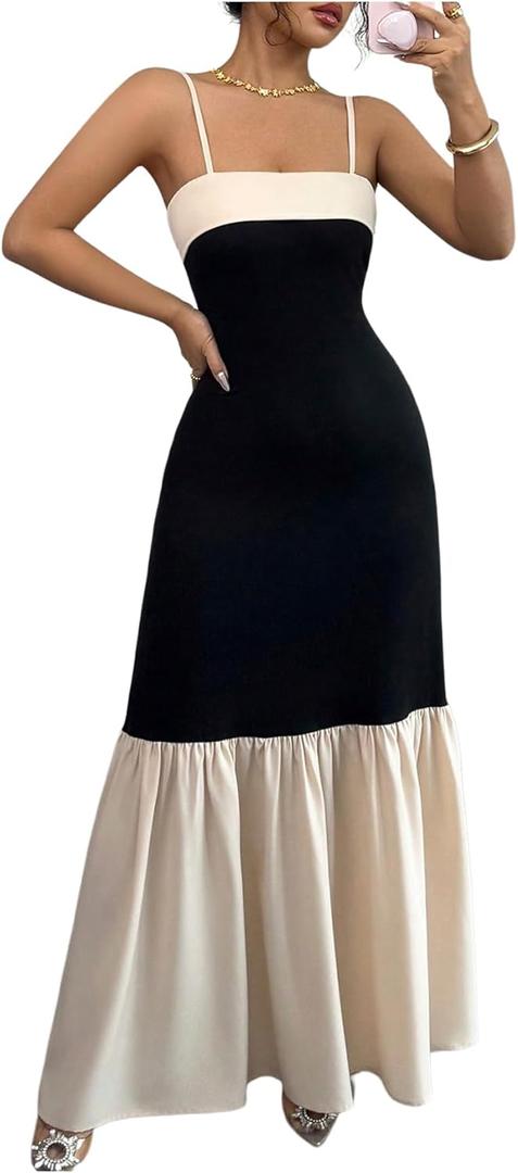SOLY HUX Women's Color Block Ruffle Hem Maxi Dress Spaghetti Strap Elegant Long Cami Dresses (Medium, Black and Beige)