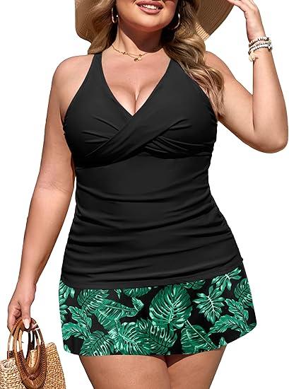 NIeyook Plus Size Swimsuits for Women Two Piece Tankini Bathing Suit with Skirt 2025 V-Neck Tummy Control Swimwear, Size: 14W (Green Leaf)