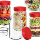 4Pack Glass Salad Jars with Lids, 32oz Salads Mason Jars with Wet/Dry Separation Cup, Meal Prep Salad Containers for Lunch, Leakproof Wide Mouth Food Storage Containers, BPA-Free Reusable (Red)